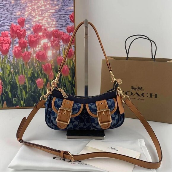 Coach Denim Blue and Tan Buckle Shoulder Bag - Picture 3 of 9